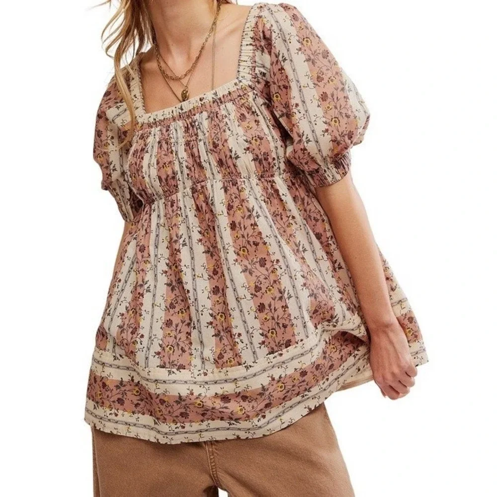Free People Vintage Lover Floral Striped Puff Cotton Blouse L Cottagecore Boho